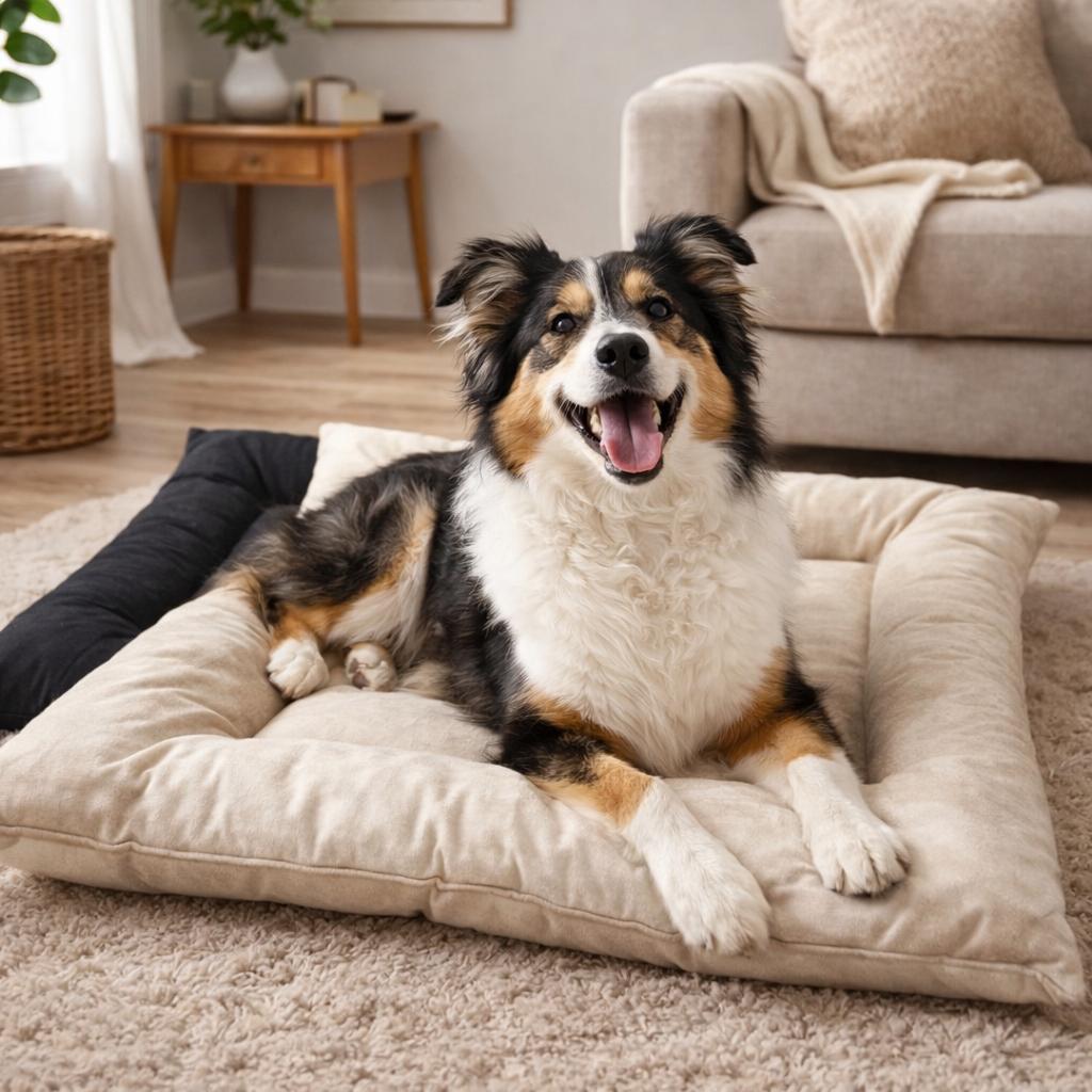 A cozy pet space with a dog resting on a soft bed at home