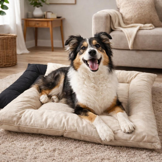 A cozy pet space with a dog resting on a soft bed at home
