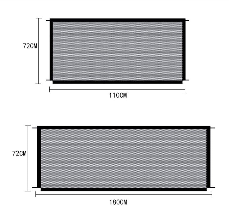 Portable Dog Safety Fence sizes showing 72CM height with 110CM and 180CM widths for versatile pet containment.