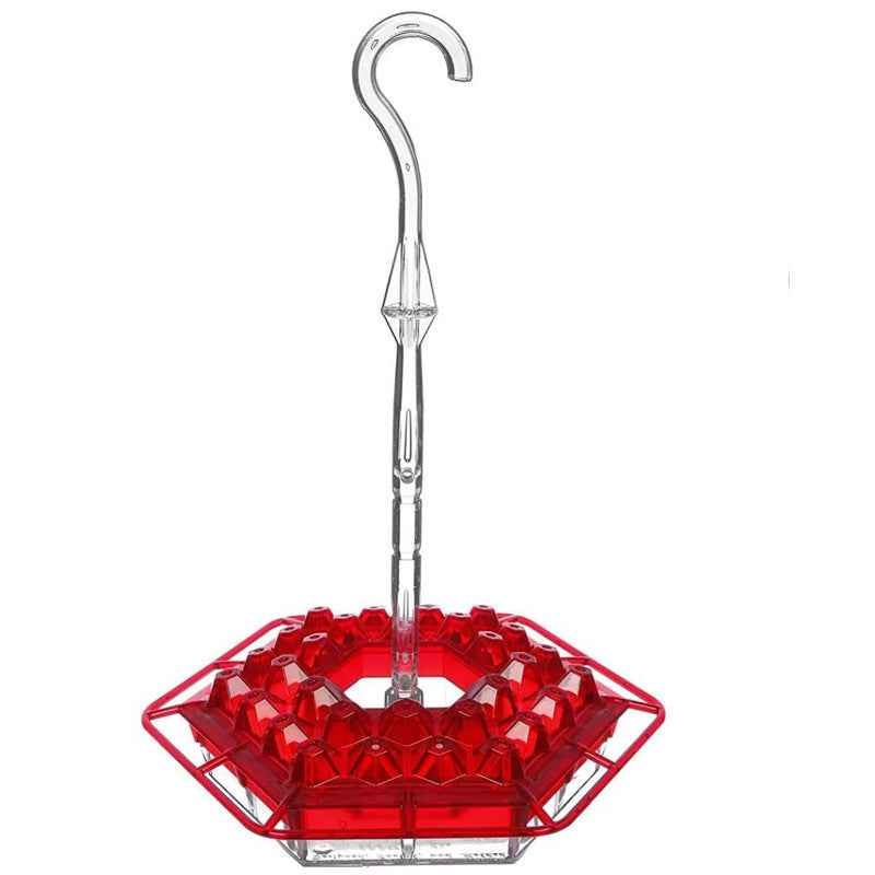 Hexagonal garden bird feeder hanging from a tree in a garden
