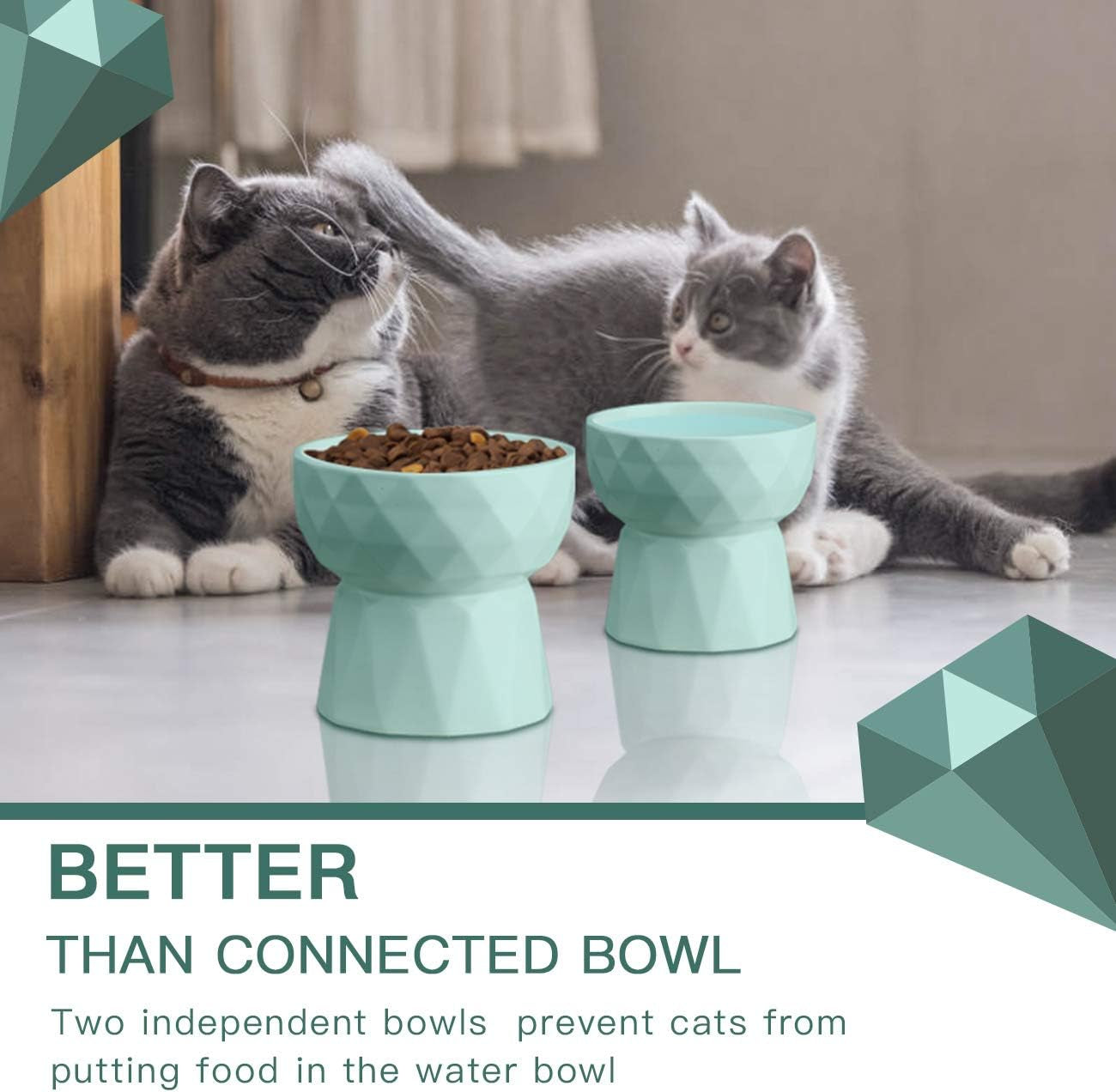 Elevate Mealtime with Our Anti-Vomiting Ceramic Cat Bowls - Stylish Green Raised Set for Cats and Small Dogs, 13.5 Oz