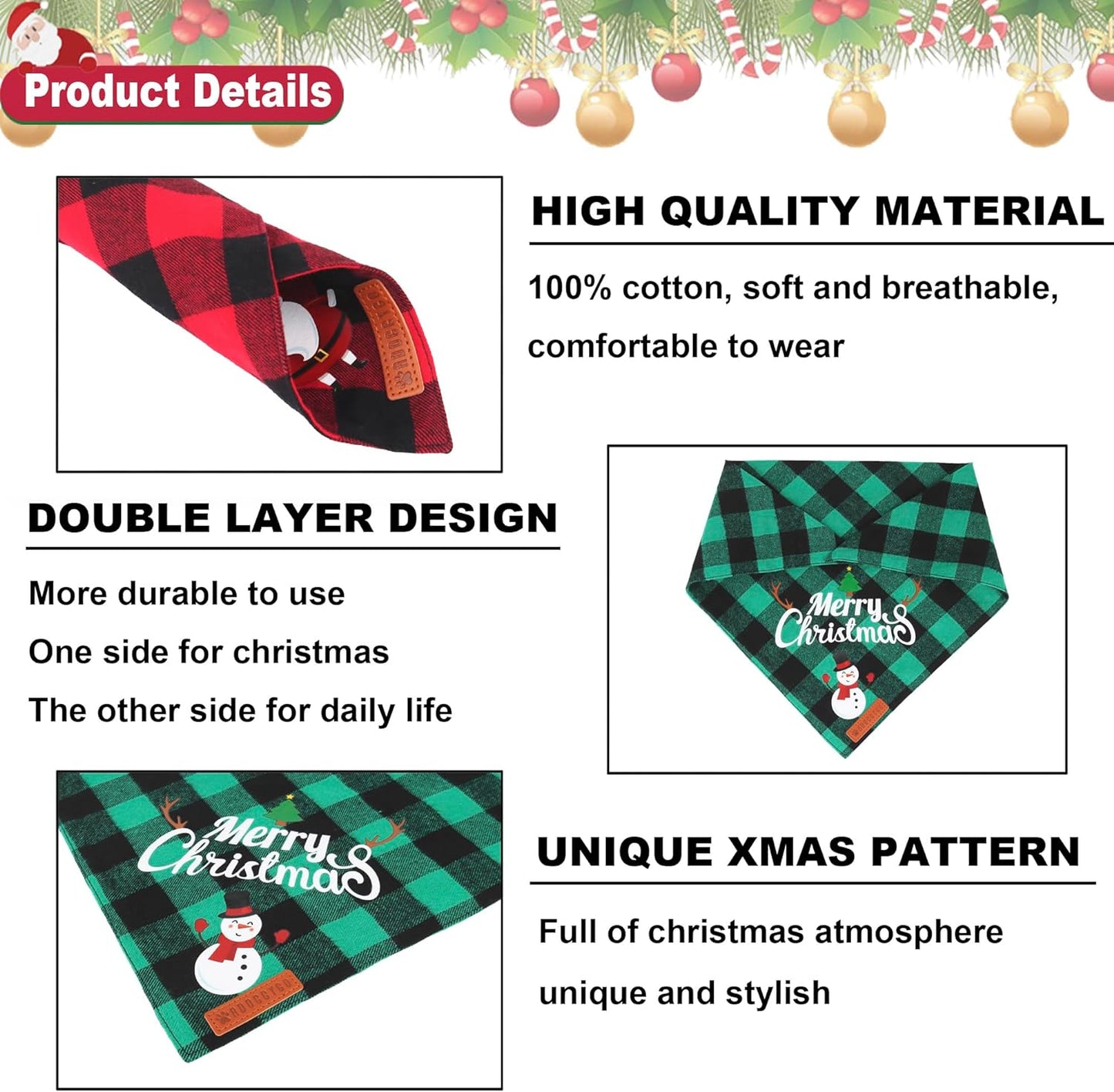 2-Pack Christmas Classic Plaid Dog Bandanas - Triangle Bibs with Santa and Snowman Design for Medium to Large Pets