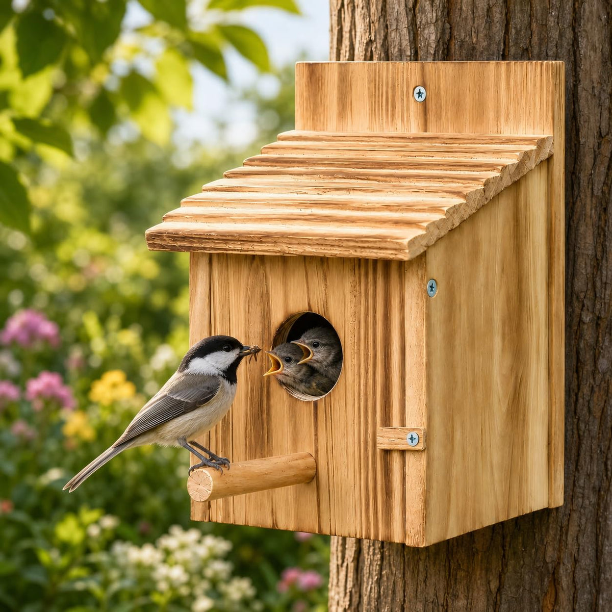 Hanging Wooden Bird House – Natural Wood Birdhouse with Perch for Garden Birds