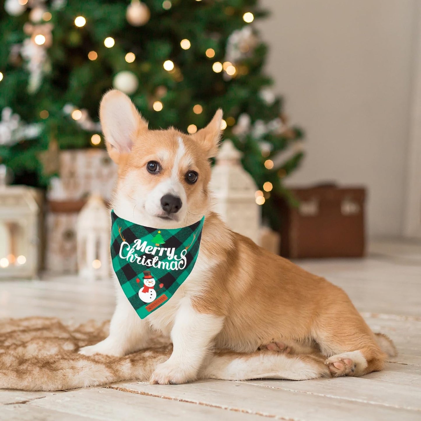 2-Pack Christmas Classic Plaid Dog Bandanas - Triangle Bibs with Santa and Snowman Design for Medium to Large Pets