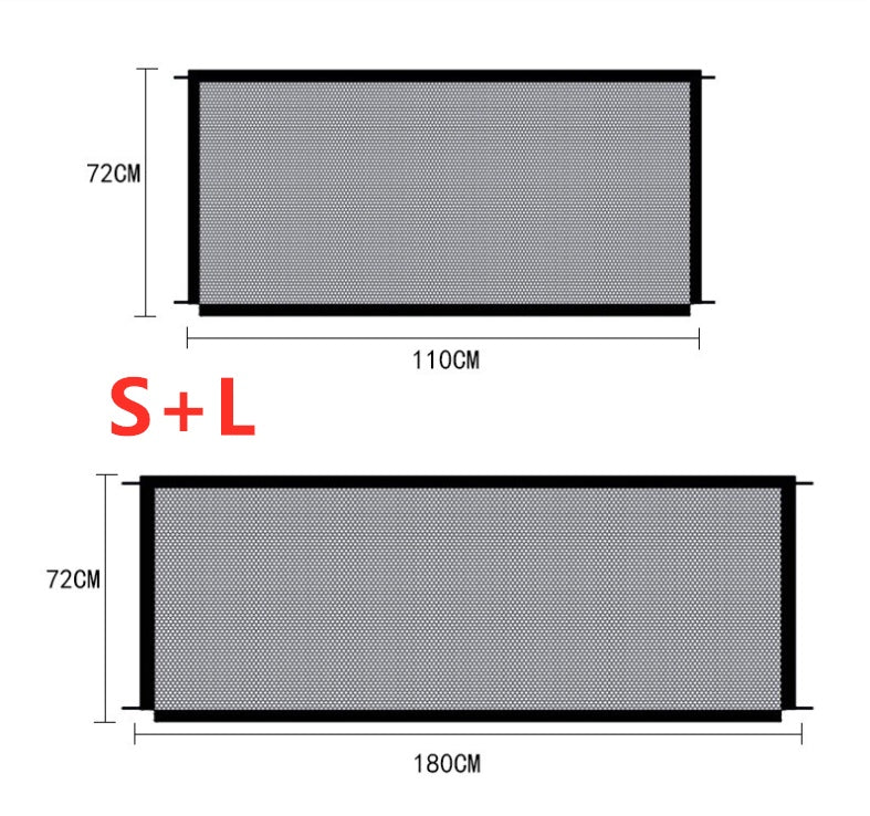 Measurements of Portable Dog Safety Fence in S and L sizes showing dimensions for foldable nylon pet gate.
