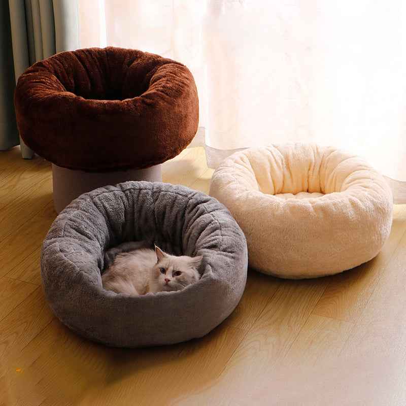 Plush Donut Dog Bed – Fluffy Round Kennel Cushion for Dogs & Cats