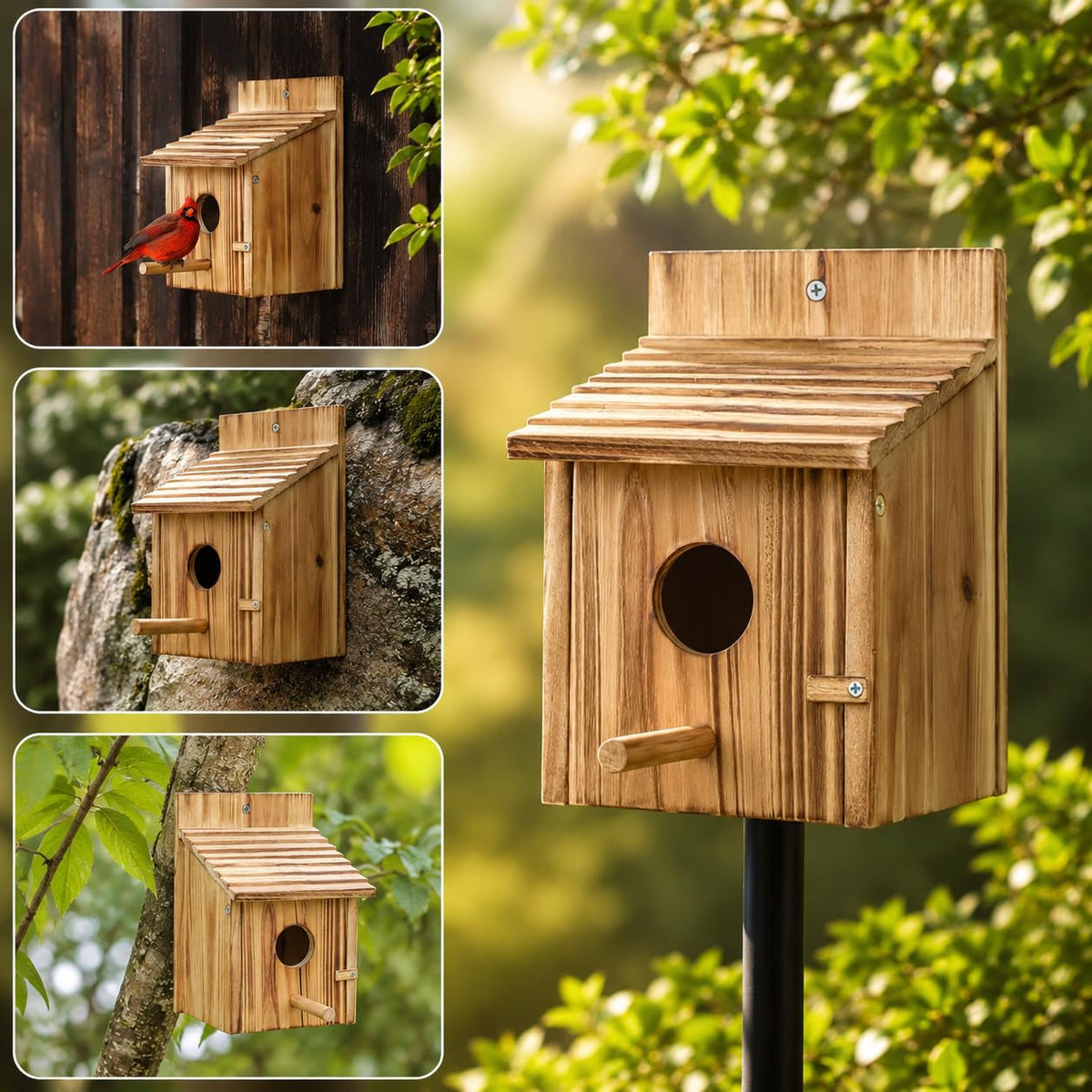 Hanging Wooden Bird House – Natural Wood Birdhouse with Perch for Garden Birds