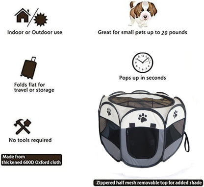 PET Portable Foldable Pet Dog Cat Playpen Crates Kennel/Premium 600D Oxford Cloth,Removable Zipper Top, Indoor and Outdoor Use (Grey)