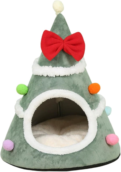 Christmas Tree Cat Bed Soft & Warm Christmas Cat Bed Xmas Tree Shape Pet Tent with Red Bow & Anti-Slip Bottom for Indoor Home Room Green.