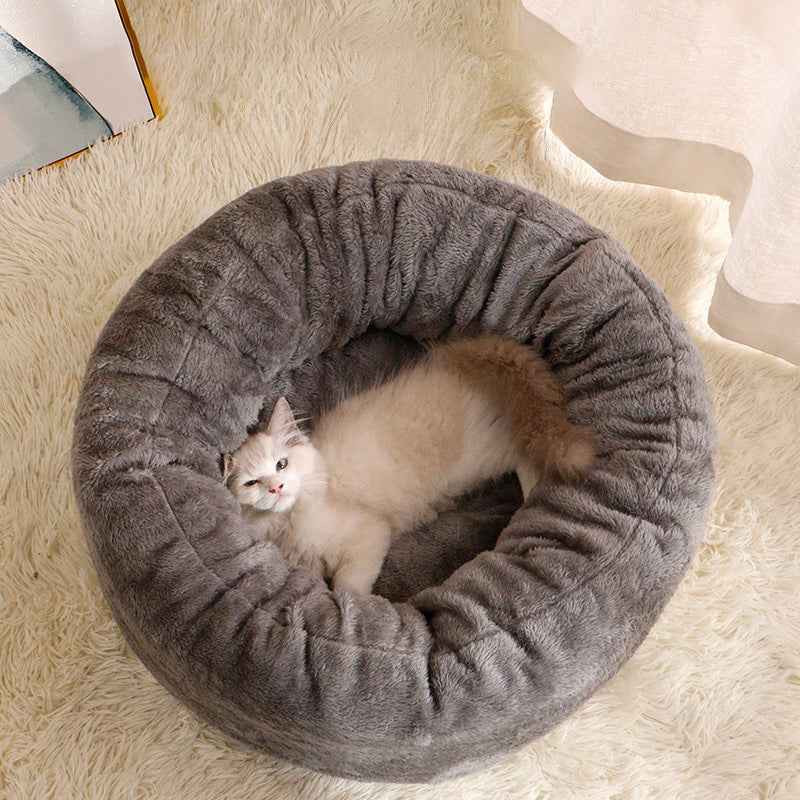 Plush Donut Dog Bed – Fluffy Round Kennel Cushion for Dogs & Cats