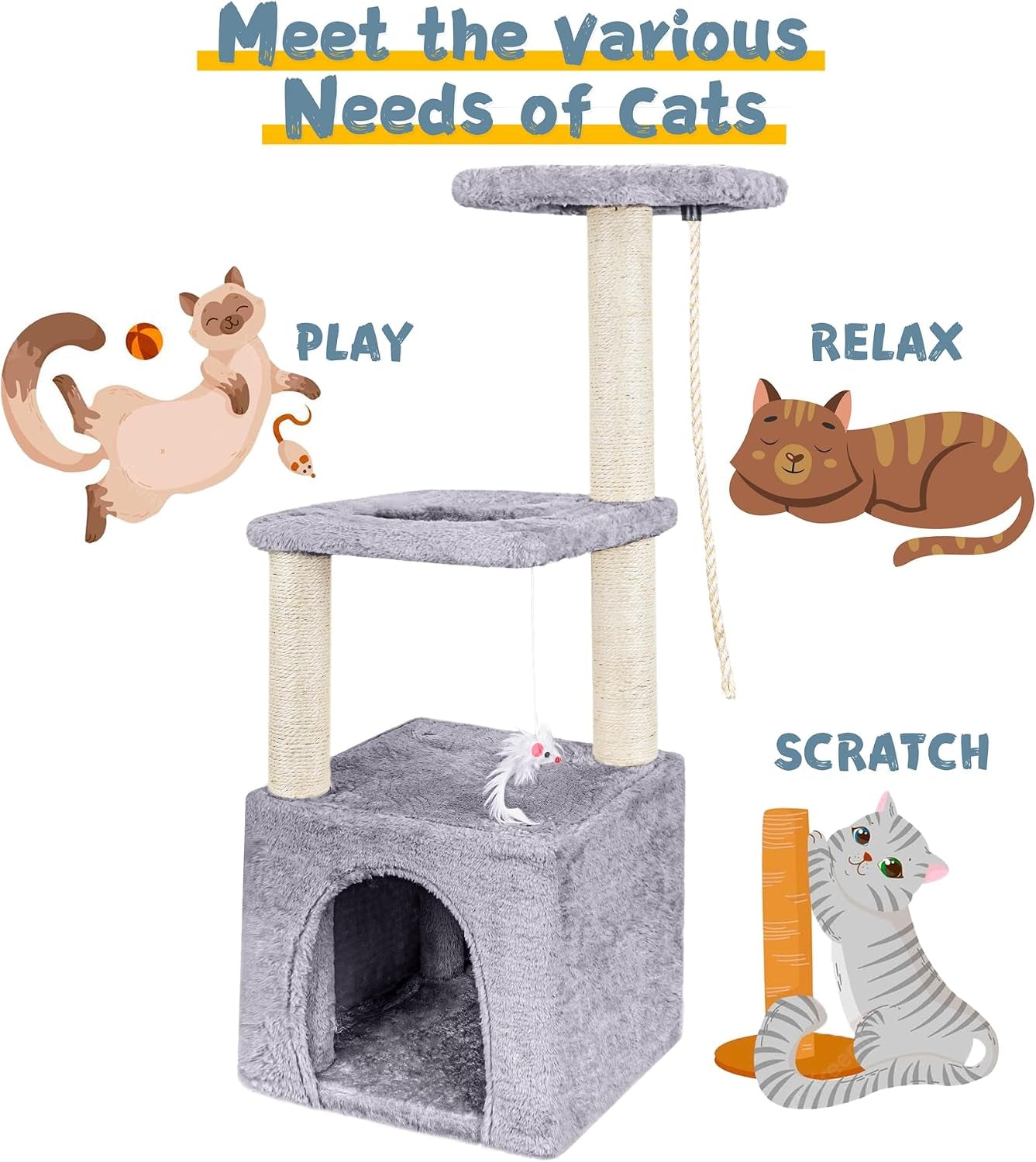 Cat Tree, 90Cm Cat Scratching Post for Indoor Cats, Stable Cat Tower, Grey | Multi-Level Cat Scratch Post with Toy, Climbing Playing and Relaxation