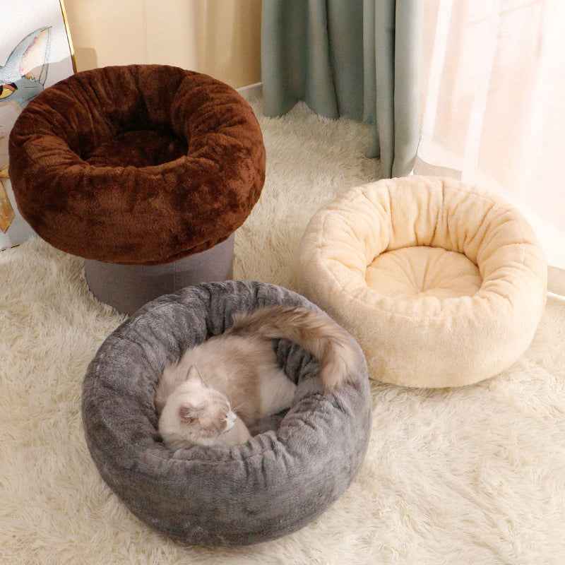 Plush Donut Dog Bed – Fluffy Round Kennel Cushion for Dogs & Cats