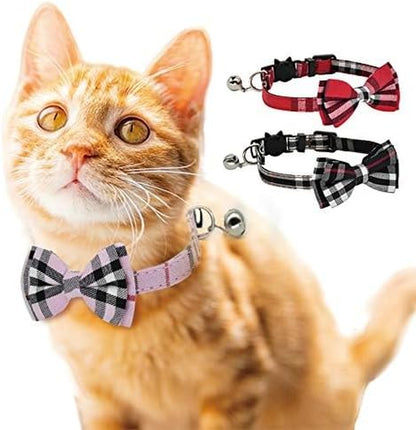 2 Pack/Set Cat Collar Breakaway with Cute Bow Tie and Bell for Kitty and Some Puppies, Adjustable from 7.8-10.5 Inch (Black+Red)