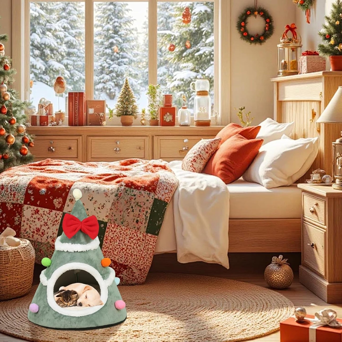 Christmas Tree Cat Bed Soft & Warm Christmas Cat Bed Xmas Tree Shape Pet Tent with Red Bow & Anti-Slip Bottom for Indoor Home Room Green.