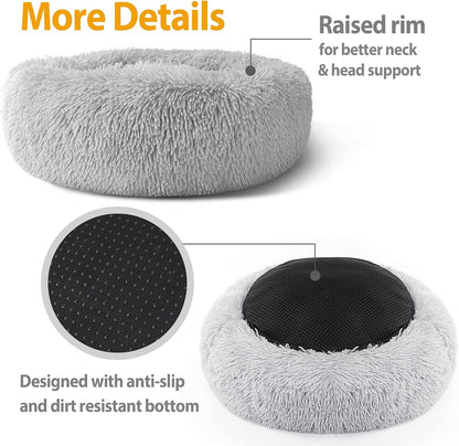 Plush Donut Dog Bed, Calming round Dog Cat Bed Soft and Fluffy Cuddler Pet Cushion Self-Warming Puppy Beds Machine Washable, Grey 50Cm