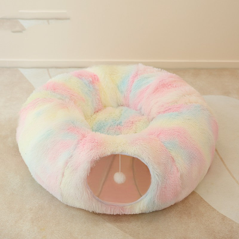 Cat Tunnel Nest - Cozy, colorful cat bed with an enclosed design for sleeping and playing.
