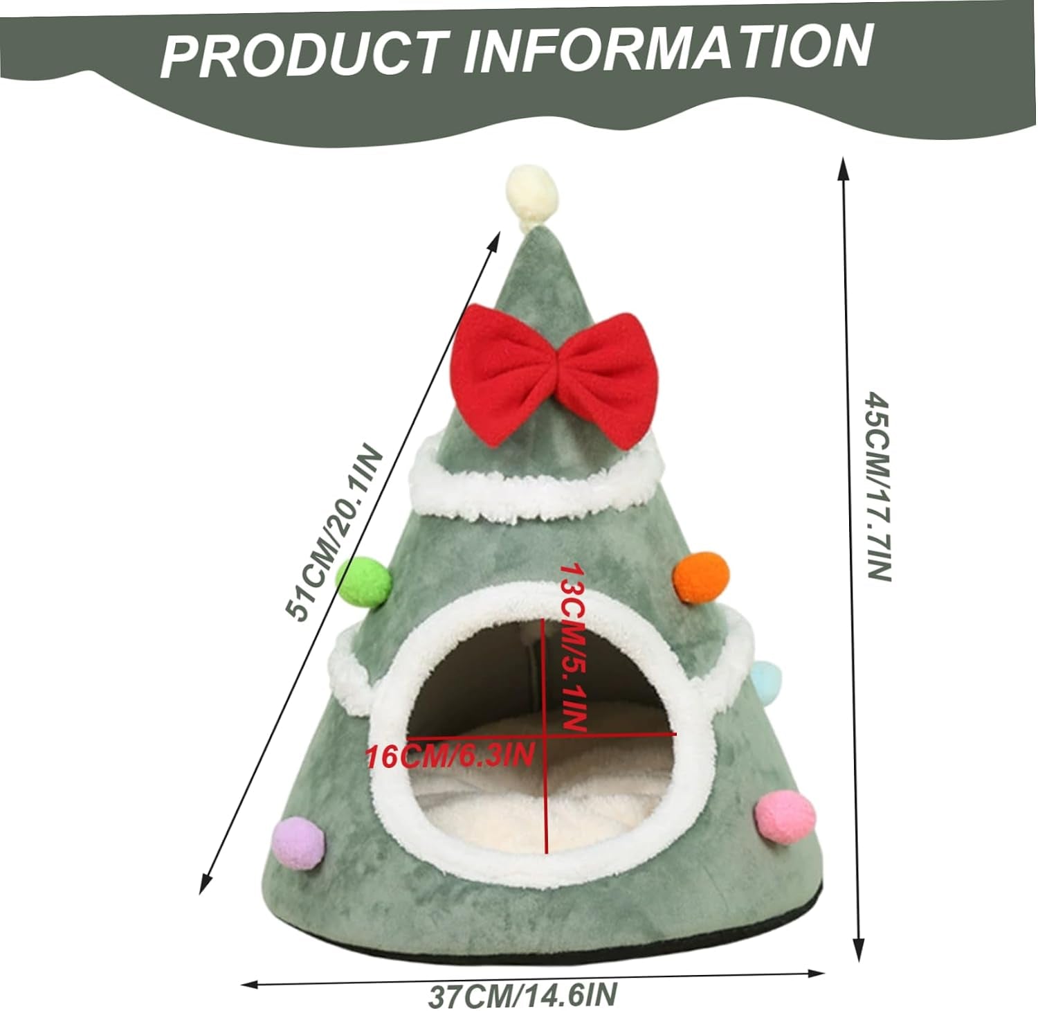 Christmas Tree Cat Bed Soft & Warm Christmas Cat Bed Xmas Tree Shape Pet Tent with Red Bow & Anti-Slip Bottom for Indoor Home Room Green.