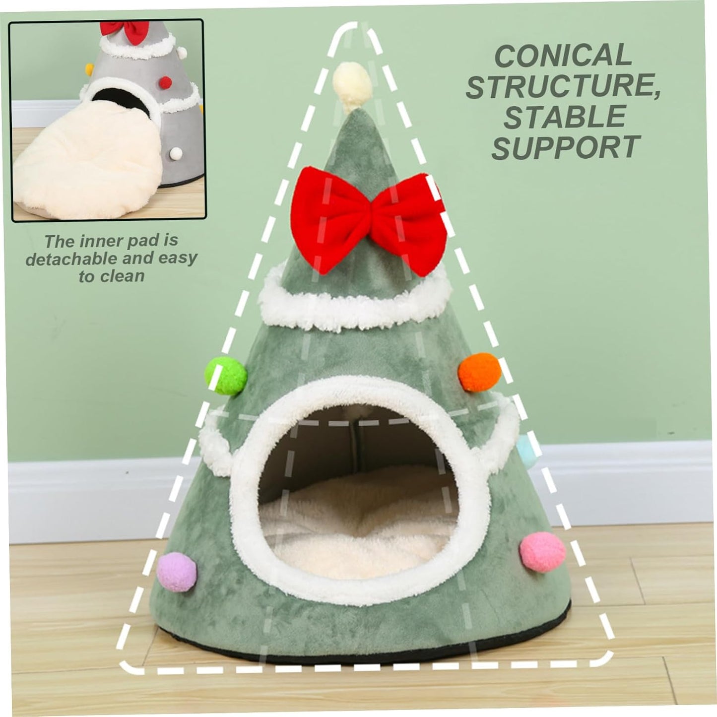 Christmas Tree Cat Bed Soft & Warm Christmas Cat Bed Xmas Tree Shape Pet Tent with Red Bow & Anti-Slip Bottom for Indoor Home Room Green.