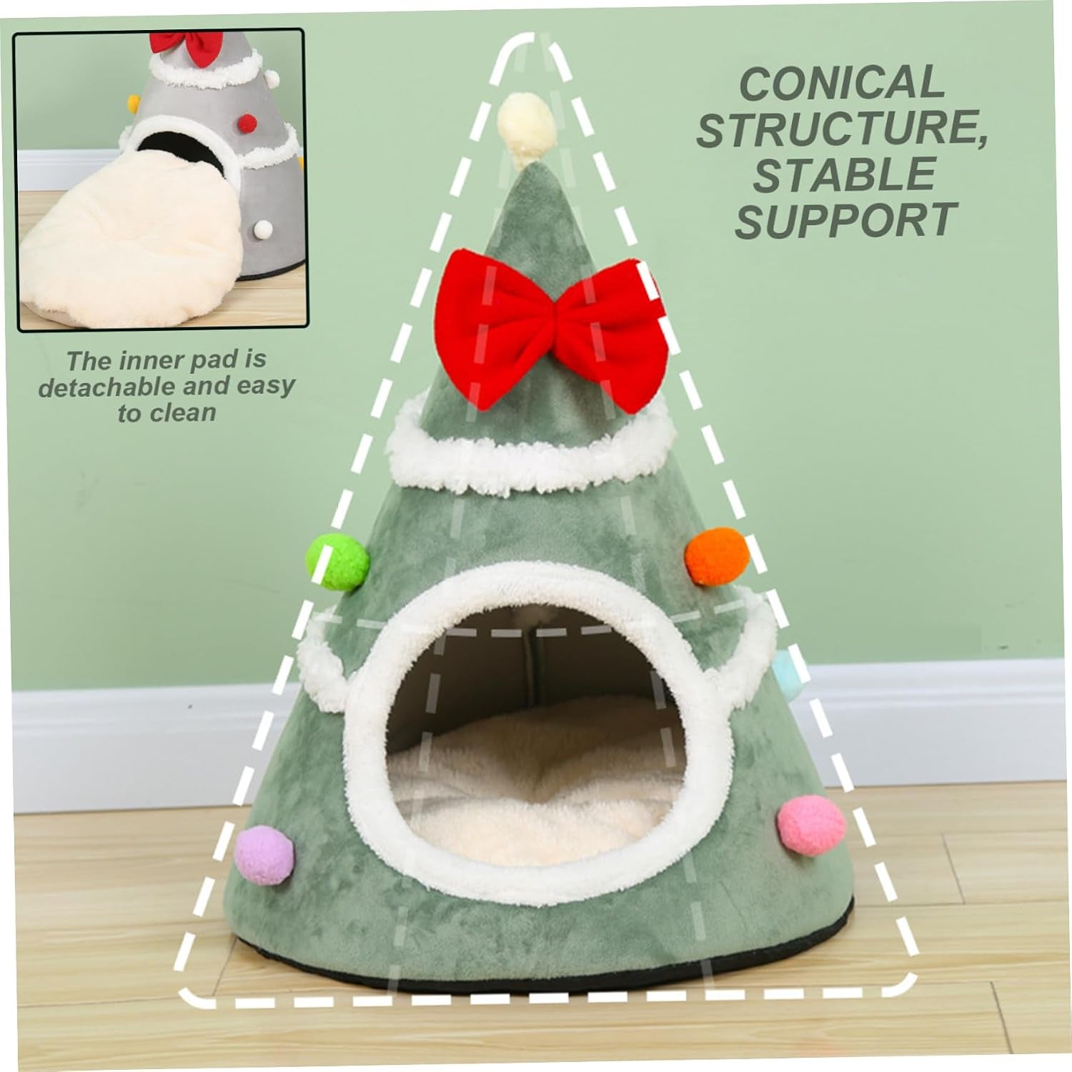 Christmas Tree Cat Bed Soft & Warm Christmas Cat Bed Xmas Tree Shape Pet Tent with Red Bow & Anti-Slip Bottom for Indoor Home Room Green.