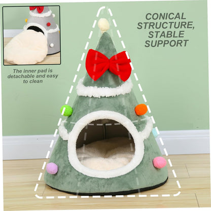 Christmas Tree Cat Bed Soft & Warm Christmas Cat Bed Xmas Tree Shape Pet Tent with Red Bow & Anti-Slip Bottom for Indoor Home Room Green.