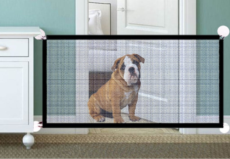 Portable Dog Safety Fence featuring a bulldog, designed for pet containment and visibility in modern home decor.