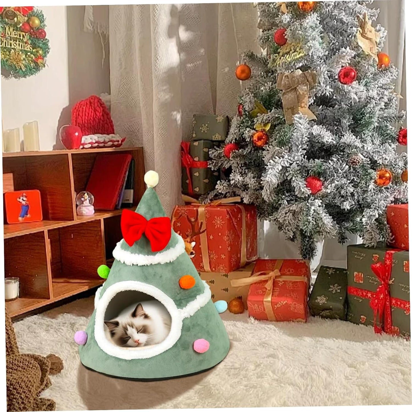 Christmas Tree Cat Bed Soft & Warm Christmas Cat Bed Xmas Tree Shape Pet Tent with Red Bow & Anti-Slip Bottom for Indoor Home Room Green.