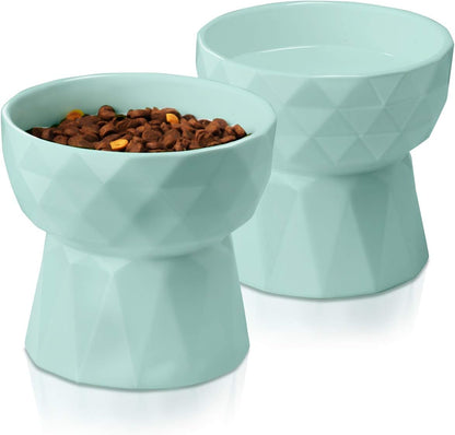 Elevate Mealtime with Our Anti-Vomiting Ceramic Cat Bowls - Stylish Green Raised Set for Cats and Small Dogs, 13.5 Oz