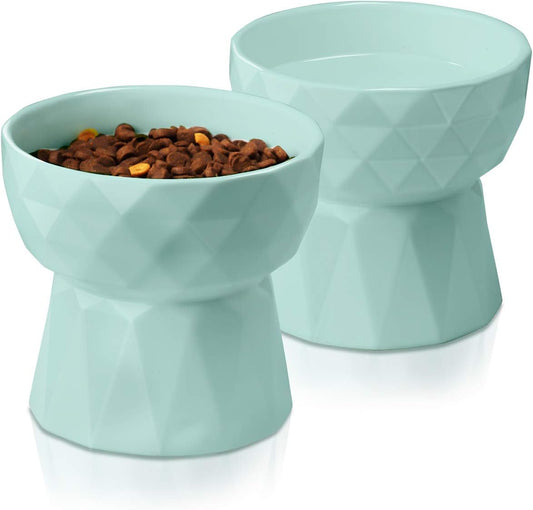Elevate Mealtime with Our Anti-Vomiting Ceramic Cat Bowls - Stylish Green Raised Set for Cats and Small Dogs, 13.5 Oz