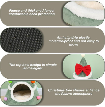Christmas Tree Cat Bed Soft & Warm Christmas Cat Bed Xmas Tree Shape Pet Tent with Red Bow & Anti-Slip Bottom for Indoor Home Room Green.