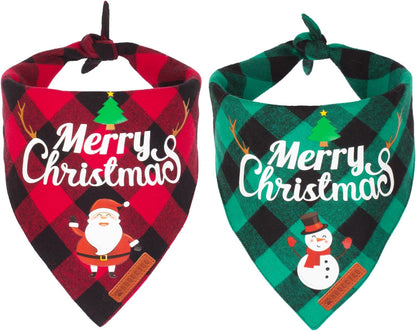 2-Pack Christmas Classic Plaid Dog Bandanas - Triangle Bibs with Santa and Snowman Design for Medium to Large Pets