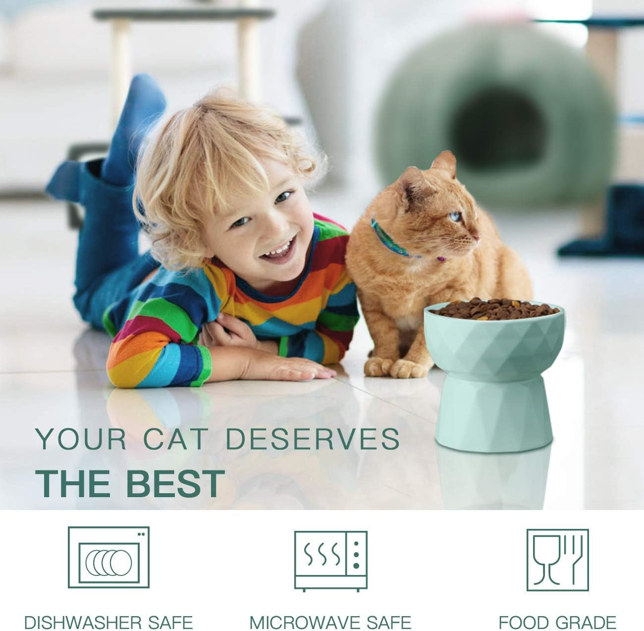 Elevate Mealtime with Our Anti-Vomiting Ceramic Cat Bowls - Stylish Green Raised Set for Cats and Small Dogs, 13.5 Oz