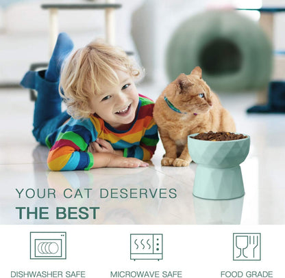 Elevate Mealtime with Our Anti-Vomiting Ceramic Cat Bowls - Stylish Green Raised Set for Cats and Small Dogs, 13.5 Oz