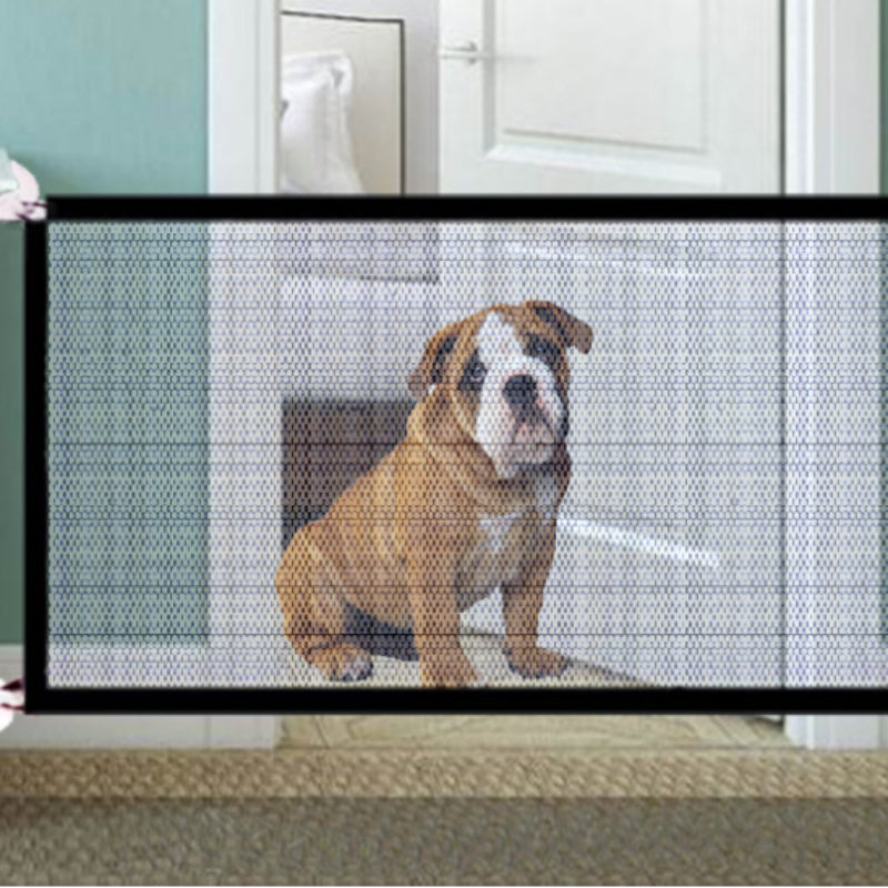 Portable Dog Safety Fence with an adorable bulldog safely contained behind the foldable nylon pet gate.