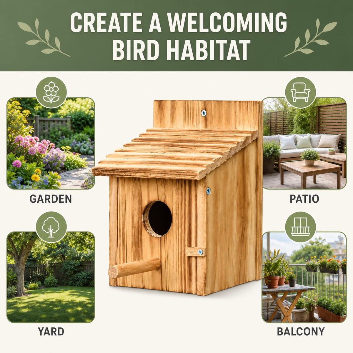 Hanging Wooden Bird House – Natural Wood Birdhouse with Perch for Garden Birds