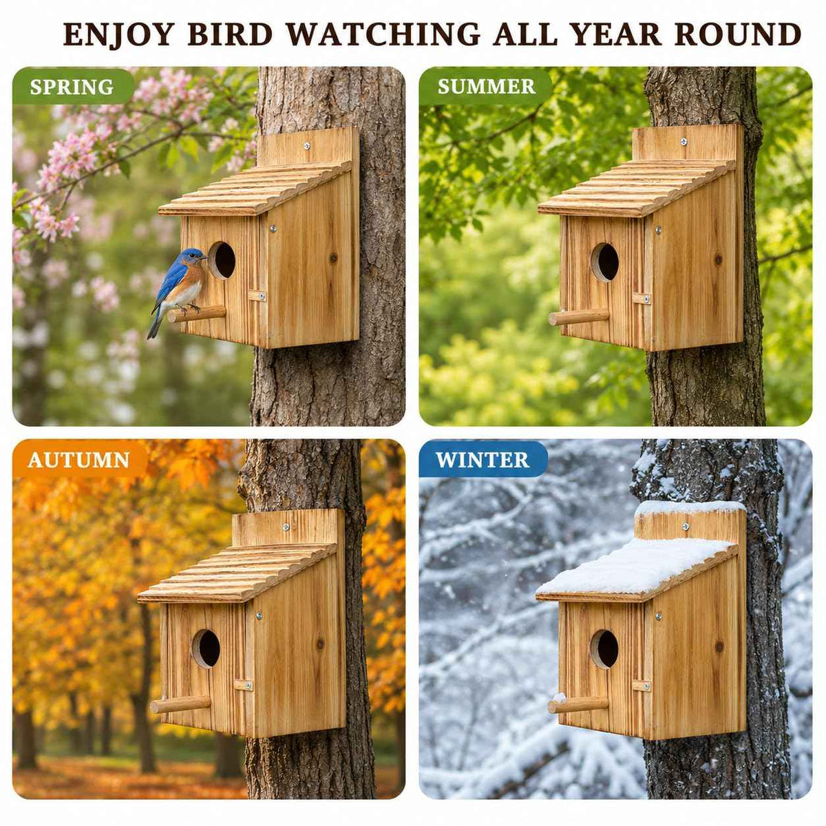 Hanging Wooden Bird House – Natural Wood Birdhouse with Perch for Garden Birds