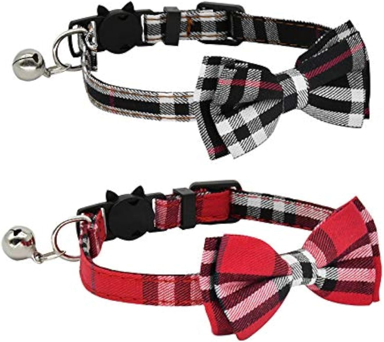 2 Pack/Set Cat Collar Breakaway with Cute Bow Tie and Bell for Kitty and Some Puppies, Adjustable from 7.8-10.5 Inch (Black+Red)