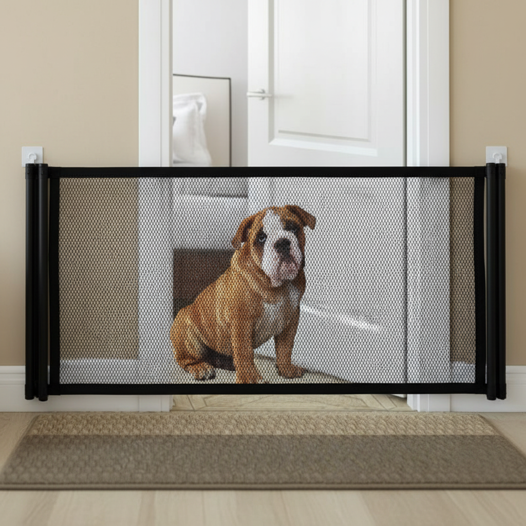 Portable Dog Safety Fence with a bulldog behind it, showcasing durable and foldable nylon pet gate for home and travel.