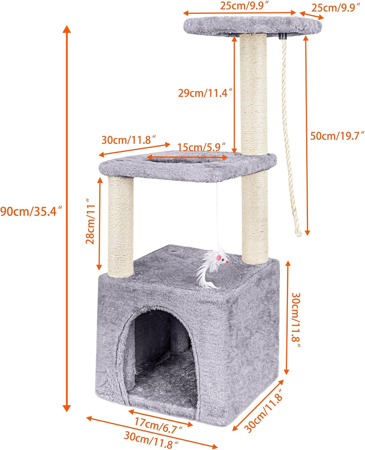 Cat Tree, 90Cm Cat Scratching Post for Indoor Cats, Stable Cat Tower, Grey | Multi-Level Cat Scratch Post with Toy, Climbing Playing and Relaxation
