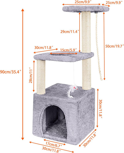 Cat Tree, 90Cm Cat Scratching Post for Indoor Cats, Stable Cat Tower, Grey | Multi-Level Cat Scratch Post with Toy, Climbing Playing and Relaxation