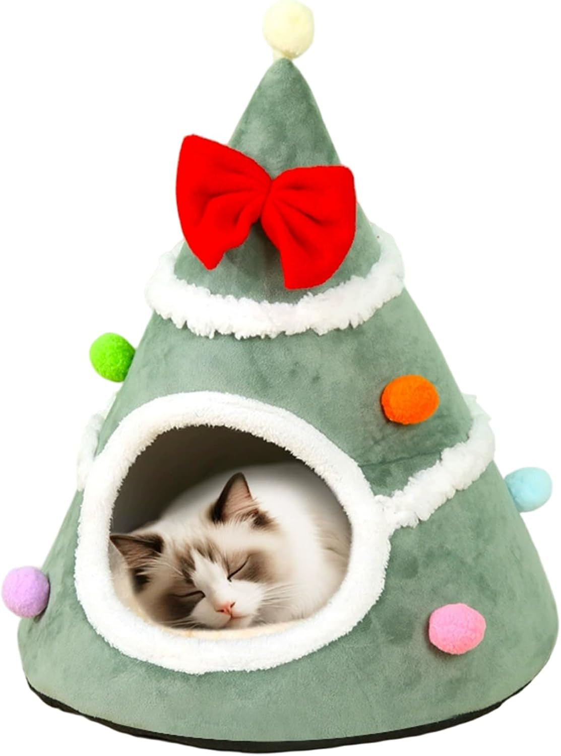 Christmas Tree Cat Bed Soft & Warm Christmas Cat Bed Xmas Tree Shape Pet Tent with Red Bow & Anti-Slip Bottom for Indoor Home Room Green.
